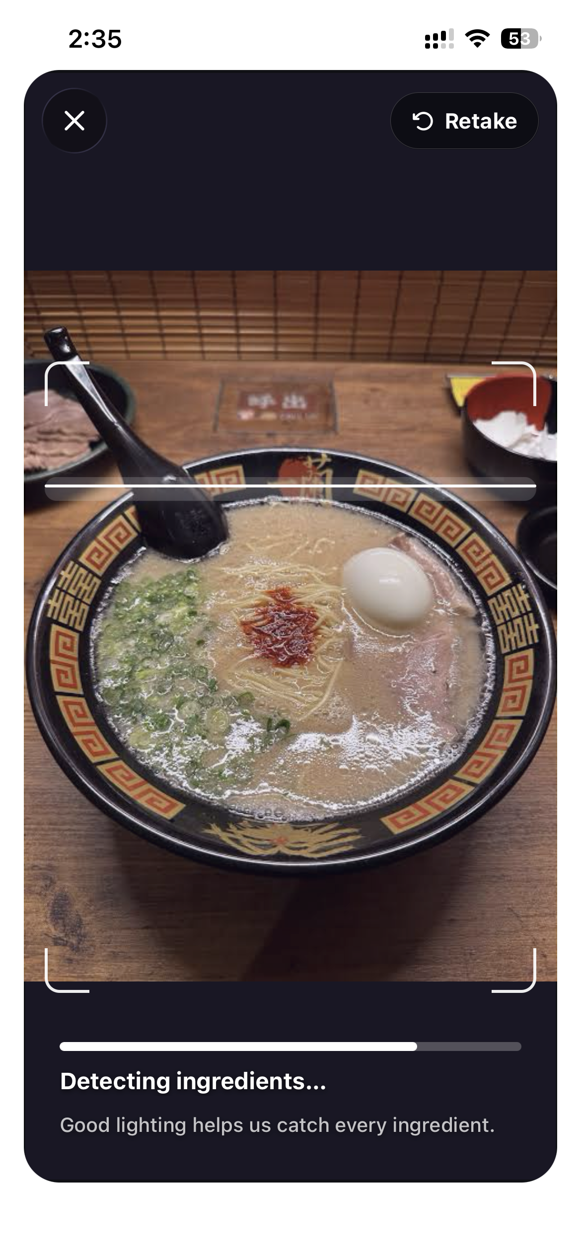 NomNom food photo scanner detecting ingredients in a ramen meal